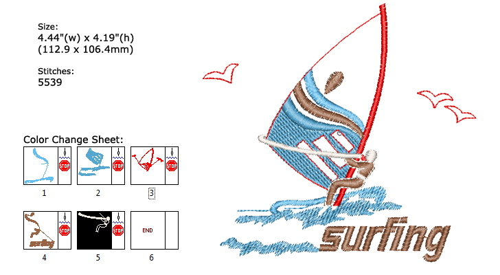 Surfing embroidery designs