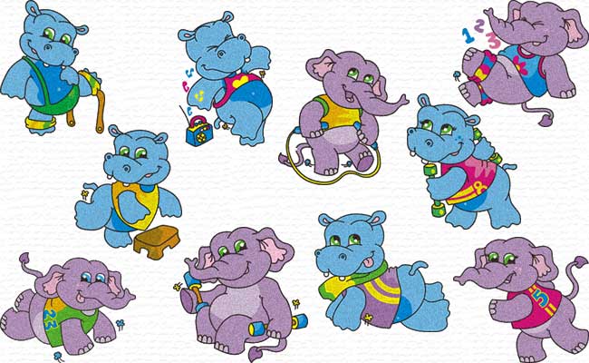 Elephant and Hippo embroidery designs