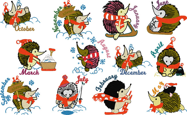 Winter Hedgehogs embroidery designs